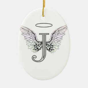 Initial Monogram för brev J med ängelvingar & Julgransprydnad Keramik