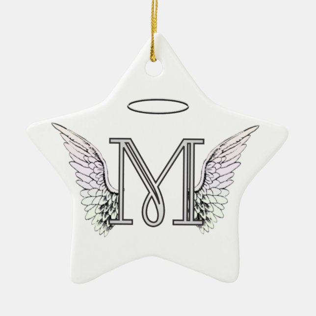 Initial Monogram för brev M med ängelvingar & Julgransprydnad Keramik (Framsidan)