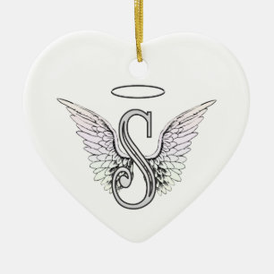 Initial Monogram för brev S med ängelvingar & Julgransprydnad Keramik
