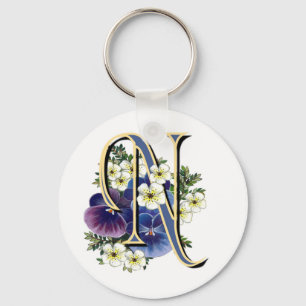 Initial Monogram för Handpainted Pansy - N Nyckelring