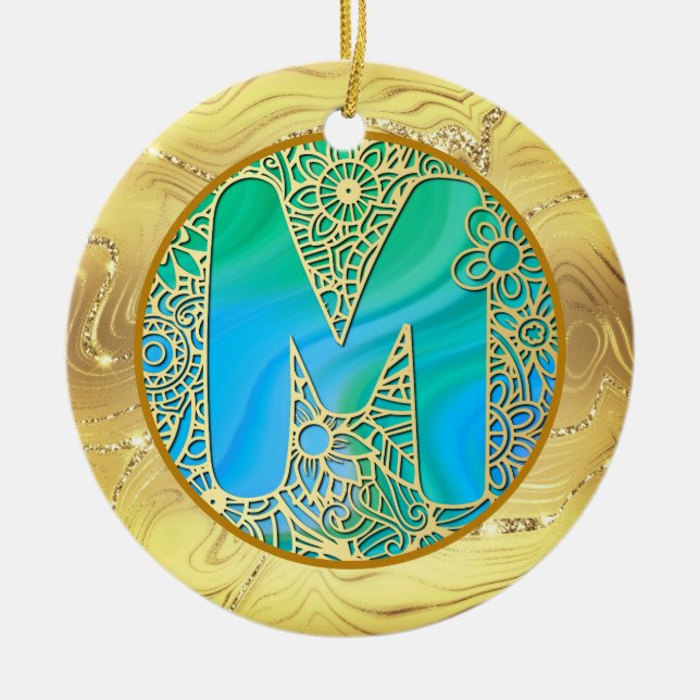  Initial Monogram M Christmas - Gold, Teal & Blue Julgransprydnad Keramik (Framsidan)