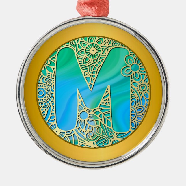  Initial Monogram M Christmas - Gold , Teal & Blue Julgransprydnad Metall (Framsidan)