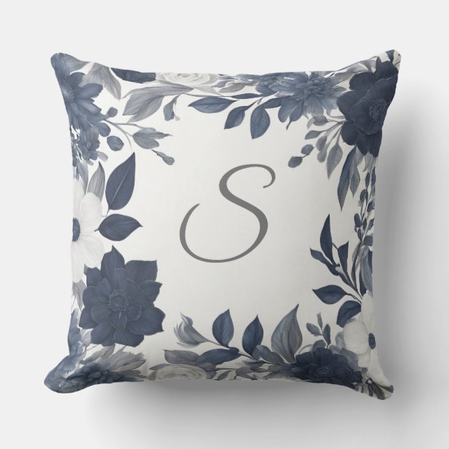 Initial Monogram Marinblå Grå Bondgård Blommig Kudde (Framsida)