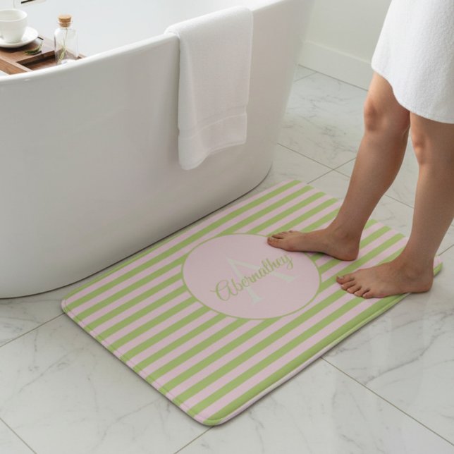 Initial Monogram & Name Pastel Pink Green Striped Badrumsmatta (Pastel pink and green striped background with template name & initial letter monogram bathmat.)