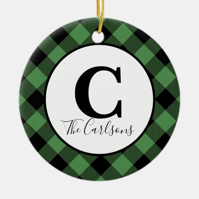 Initial Monogram Photo Grönt Black Buffalo Play Julgransprydnad Keramik (Framsidan)