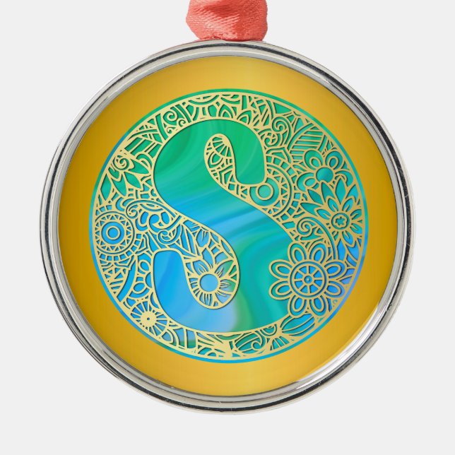 Initial Monogram S Jul - Guld, Teal & Blå Julgransprydnad Metall (Framsidan)