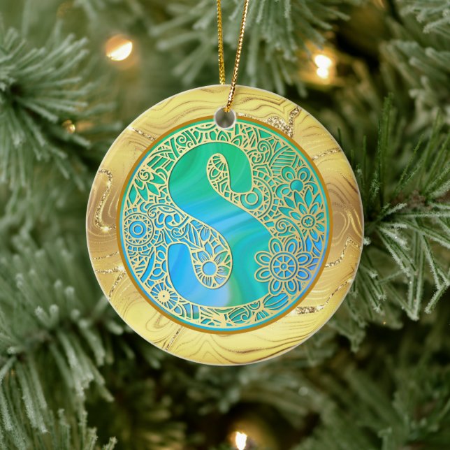 Initial Monogram S Jul - Guld, Turkos & Blå Julgransprydnad Keramik (Träd)