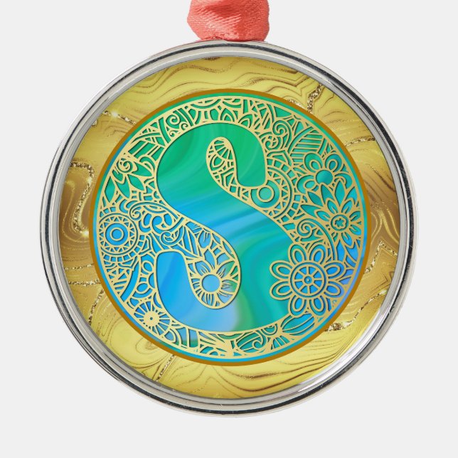 Initial Monogram S Jul - Guld, Turkos & Blå Julgransprydnad Metall (Framsidan)