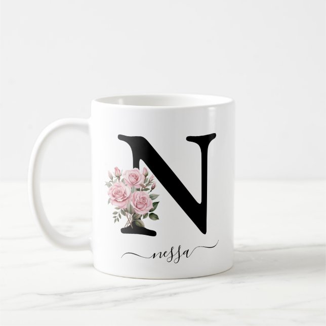Initial N Monogram Blommig Rosa Rosor Mugg (Vänster)