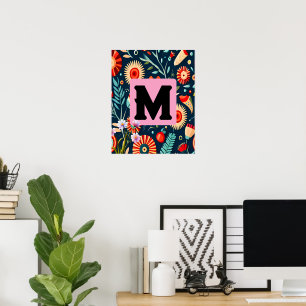Initial Namn Färgblommor och Löv av Abstrakt Poster