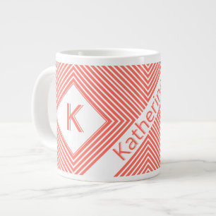 Initial Namn   Funky Diagonal koral/Vit Rand Jumbo Mugg
