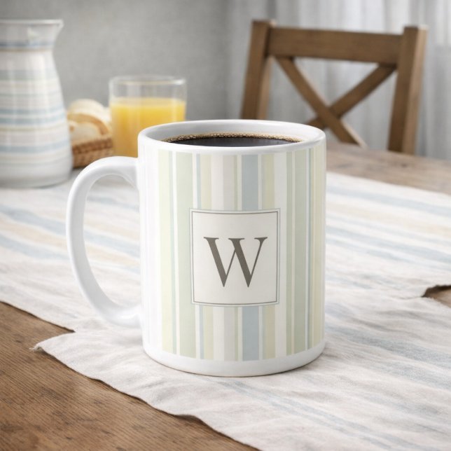Initial Neutral Dusty Blue Stripe Rustic Farmhouse Kaffemugg (Skapare uppladdad)