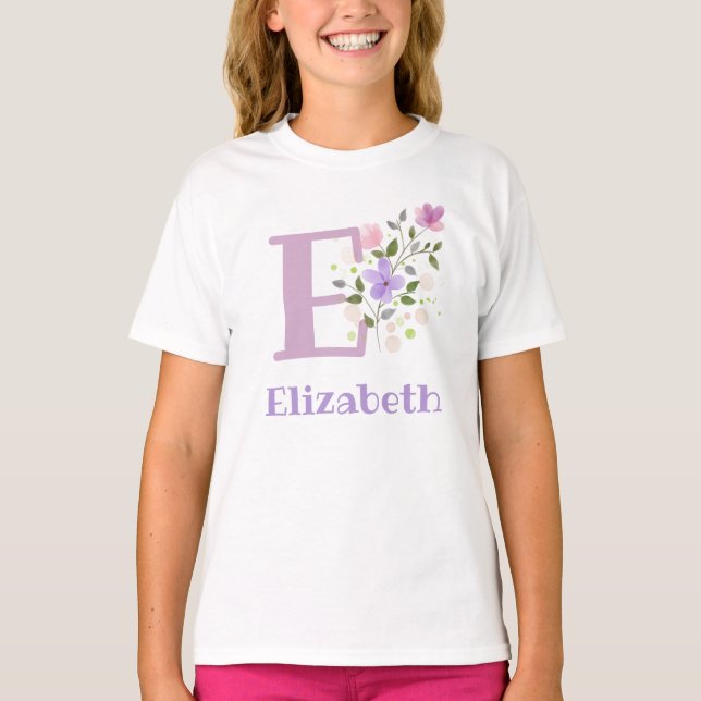 Initial och förnamn på attraktiv blommig design t shirt (Framsida)