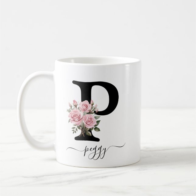 Initial P Monogram Blommig Rosa Rosor Mugg (Vänster)