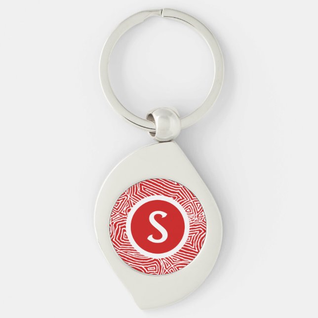 Initial på rött swirl silverfärgad nyckelring (Framsidan)
