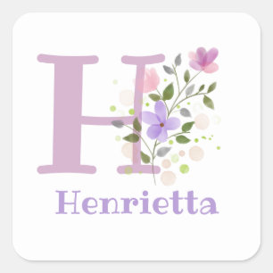 Initial Plus Namn Henrietta & Flowers Design Fyrkantigt Klistermärke