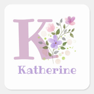 Initial Plus Namn Katherine & Flowers Design Fyrkantigt Klistermärke