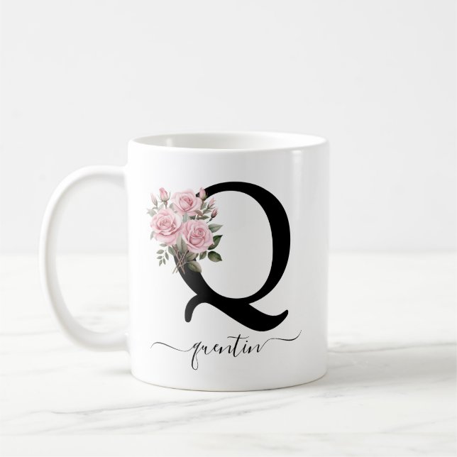 Initial Q Monogram Blommig Blomma Rosa Rosor Mugg (Vänster)