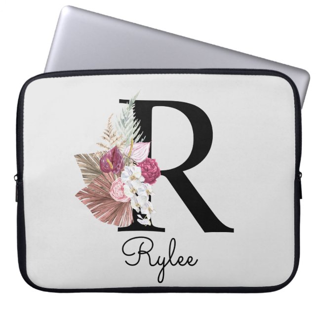 Initial R Broderad Rosa Boho Flickig Blommig Laptop Fodral (Framsidan)
