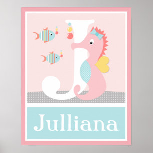 Initial Rosa av sjöhäst i Girly Sea Life Life Poster