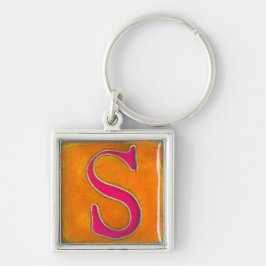 initial s-keychain, cloisonne, orange och rosor fyrkantig silverfärgad nyckelring