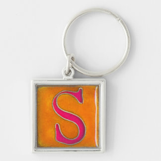 initial s-keychain, cloisonne, orange och rosor fyrkantig silverfärgad nyckelring