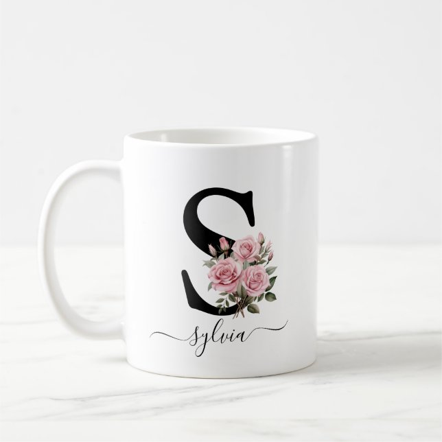 Initial S Monogram Blommig Rosa Rosor Mugg (Vänster)