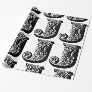 Initial svartvit blommönster för Monogram J Presentpapper