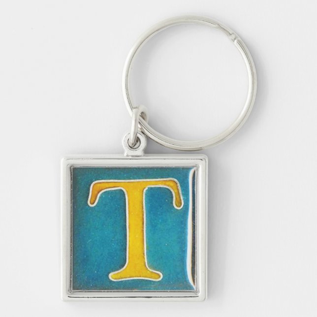 initial T-keychain, cloisonne, gult och aqua Fyrkantig Silverfärgad Nyckelring (Framsidan)