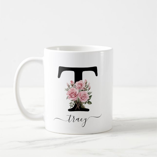 Initial T Monogram Blommig Rosa Rosor Mugg (Vänster)
