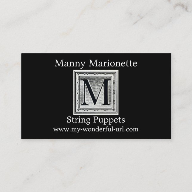 Initial träkloss för träsnitt för kvarterbrev "M" Visitkort (Framsida)