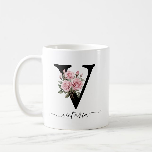 Initial V Monogram Blommig Rosa Rosor Mugg (Vänster)