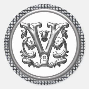 Initial V Round Sticker i Silver Runt Klistermärke