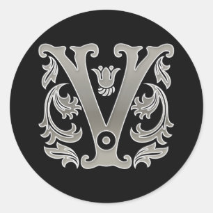 Initial V Round Sticker i silver Runt Klistermärke