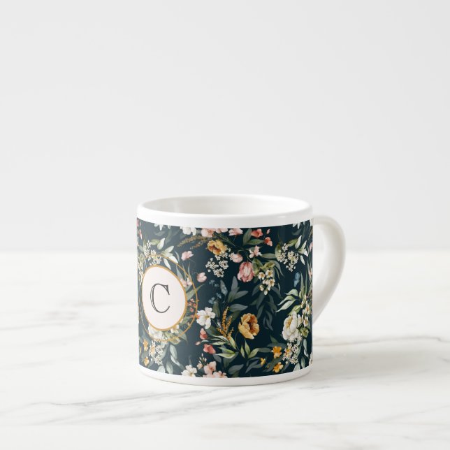 Initial, Vintage Akvarell 1600-talets Blommig Kons Espressomugg (Framsida höger)