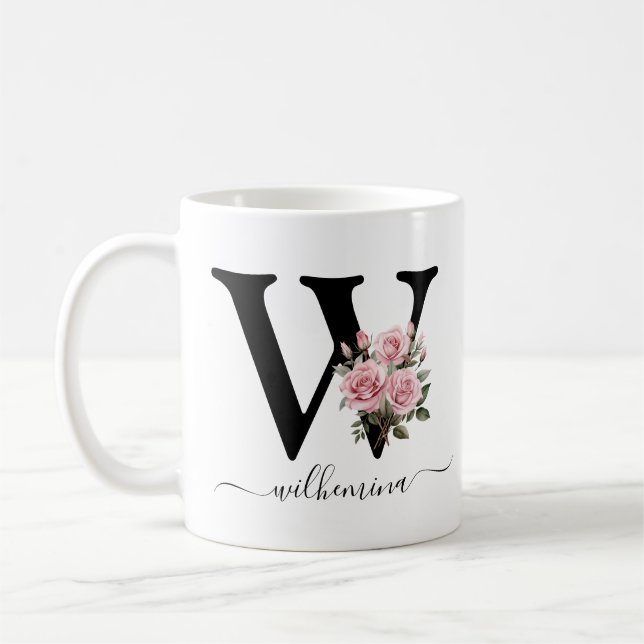 Initial W Monogram Blommig Rosa Rosor Mugg (Vänster)