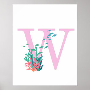 Initial W Monogram Bokstav Pink Teal Ocean Affisch