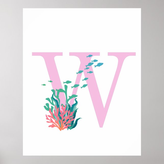 Initial W Monogram Bokstav Rosa Turkos Ocean Affis Poster (Framsidan)