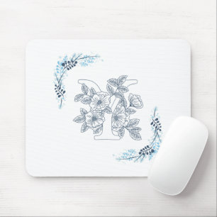Initial "Y" Blå Monogram Lugna Blommor Musmatta