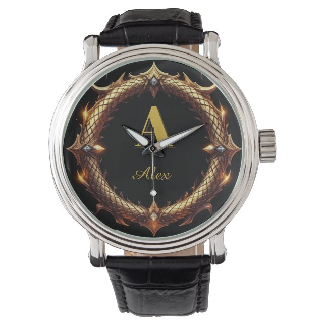✨ Initialbokstav Drak Ornamenterad Cirkelram ✨ Armbandsur (Framsida)