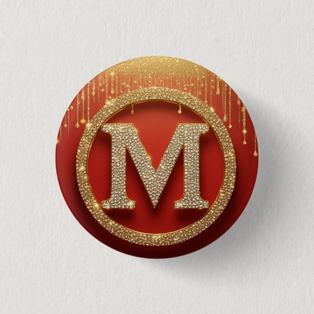 Initialbokstav M Guld Glitter Monogram Knapp (Framsida)