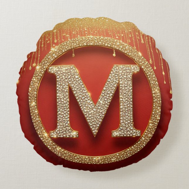 Initialbokstav M Guld Glitter Monogram Rund Kudde (Framsidan)