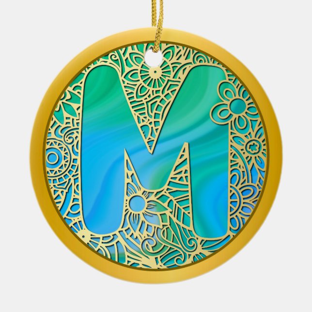 Initialbokstav M Jul - Guld, Teal & Blå Julgransprydnad Keramik (Framsidan)