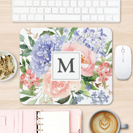Initialbokstav med monogram Vattenfärg Blå Rosa Bl Musmatta