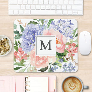 Initialbokstav med monogram Vattenfärg Blå Rosa Bl Musmatta