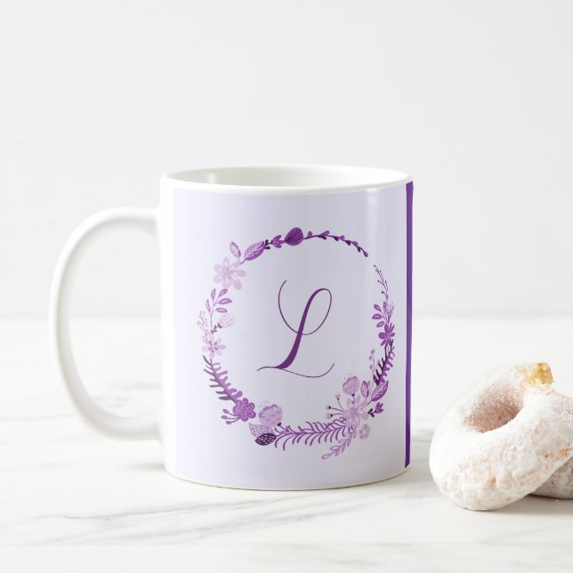 Initialbokstav Monogram Elegant Chic Lila Blommig Kaffemugg (Med munk)