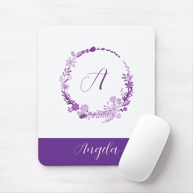 Initialbokstav Monogram Elegant Chic Lila Blommig Musmatta (Med mus)