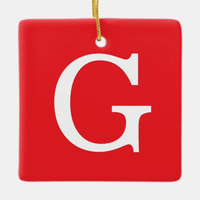 Initialbokstav Monogram Röd Vit Enkel Enkel Julgransprydnad Keramik (Framsida)