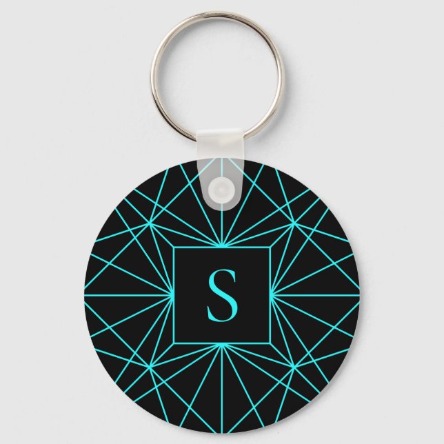 Initialbokstav | Turkos geometrisk design Nyckelring (Framsida)