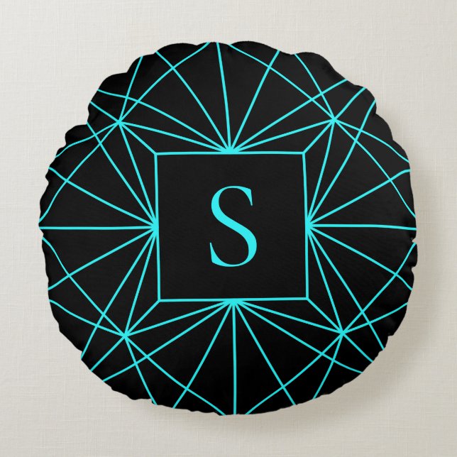 Initialbokstav | Turkos geometrisk design Rund Kudde (Framsidan)